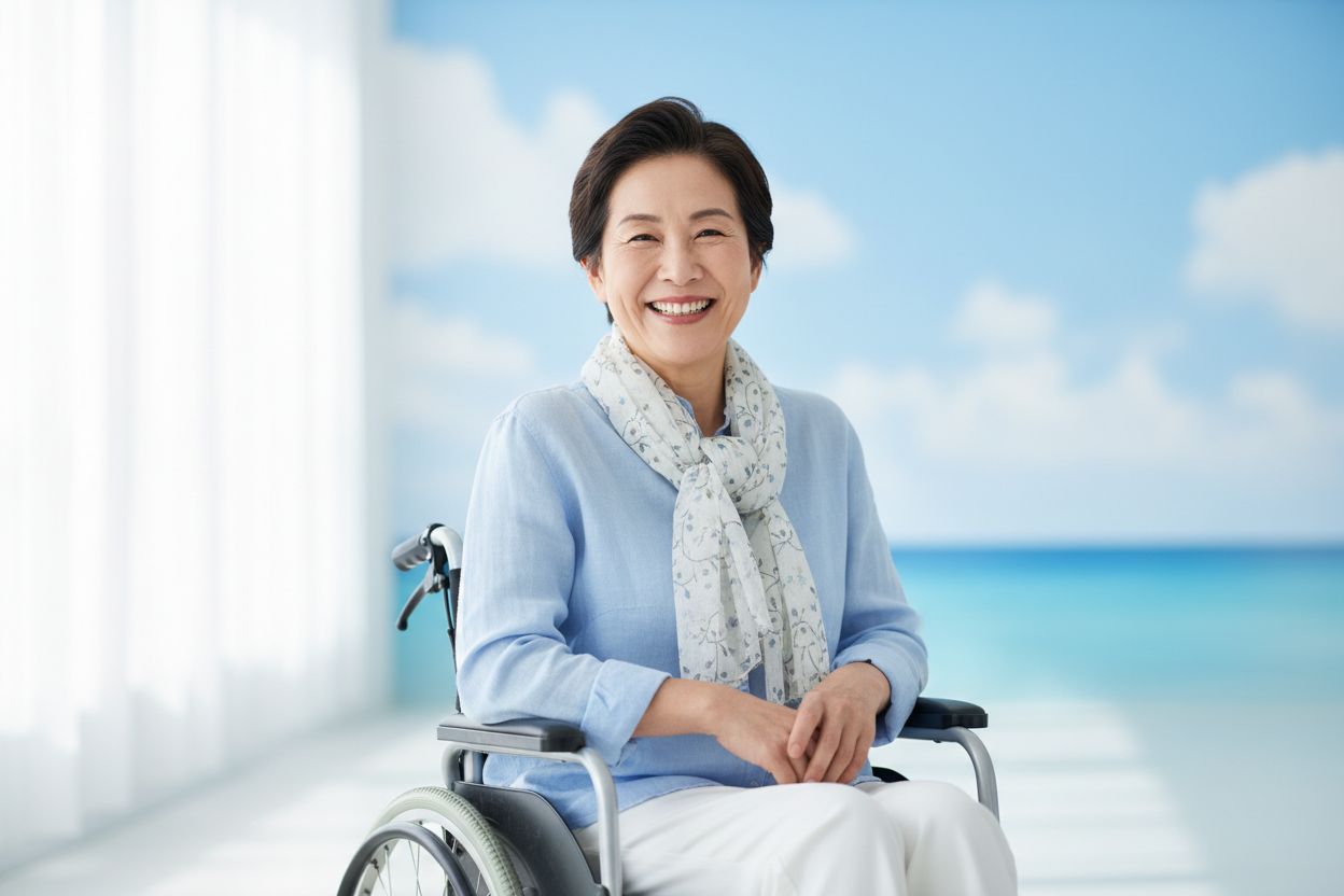 Show a disabled person smiling with the same colours